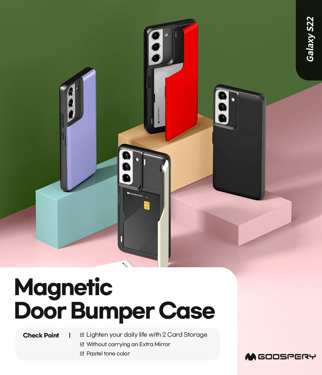 GOOSPERY Magnetic Door Bumper Hülle Kompatibel mit Galaxy S22, Dual Layer protektive Kartenhalter Wa