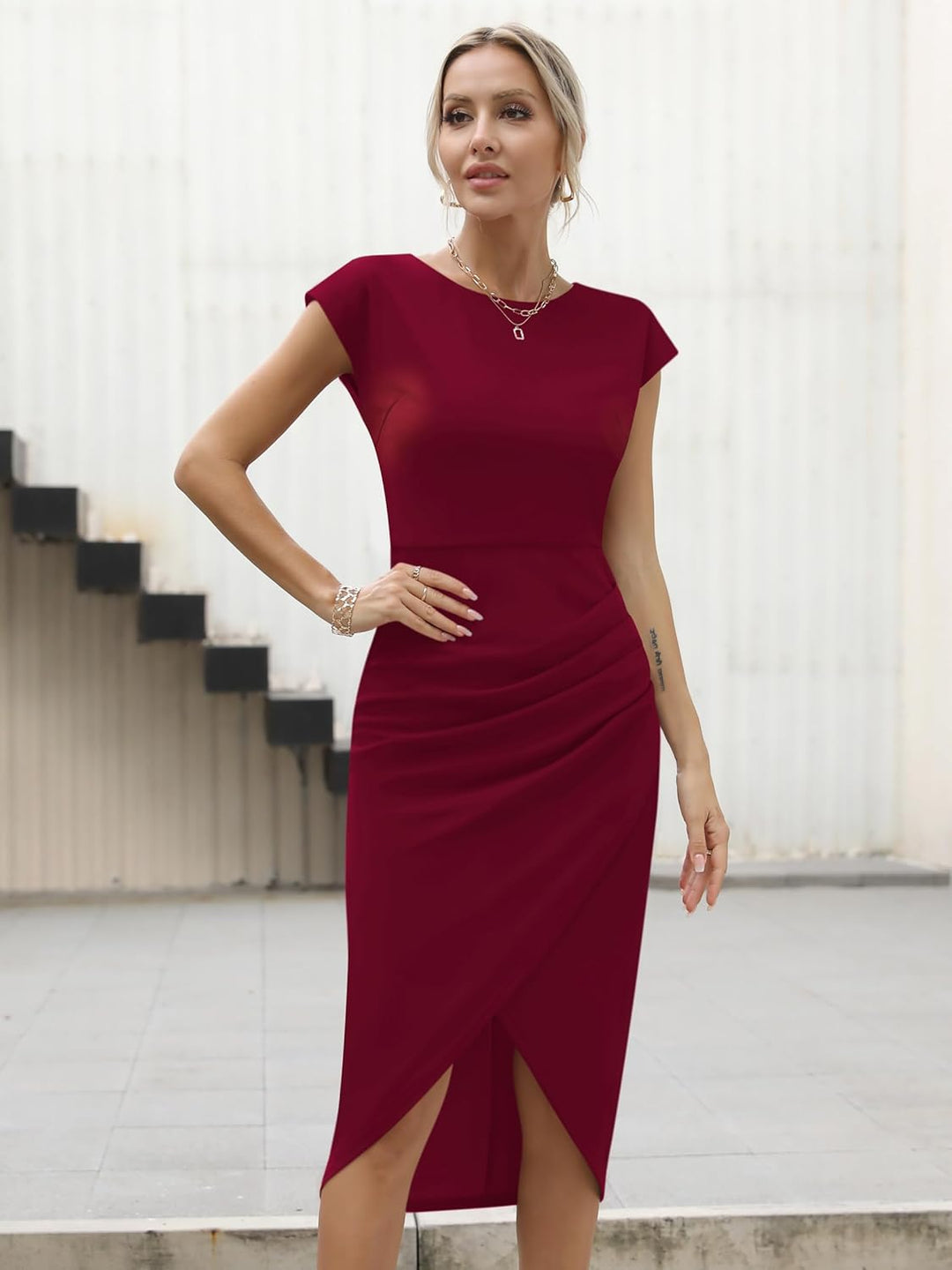 Missufe Damen Cocktailkleid Wickelkleid Partykleid Midikleid Elegant Bodycon Figurbetontes Sommerkle