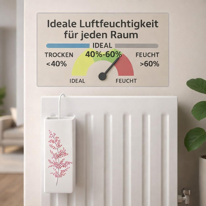 8er Set Luftbefeuchter Heizung Keramik 380ml Heizkörper Verdunster weiss mit Haken Blumenmotive Raum