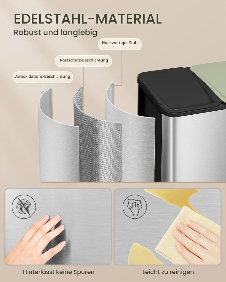 Hzuaneri Mülleimer Küche, 3 x 18 L, Mülltrennsystem 3 Fächer, Mülleimer mit Farbigem Soft-Close-Deck