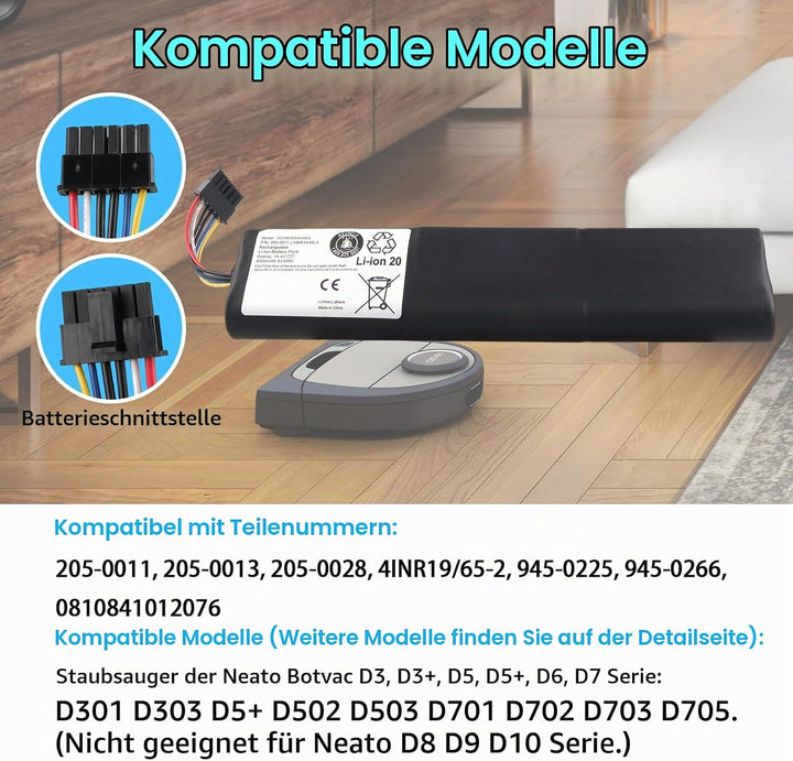 14,4 V 6500 mAh Akku Kompatibel mit Neato Botvac D3 D4 D5 D6 D7 D3+ D301 D303 D5+ D502 D503 D701 D70