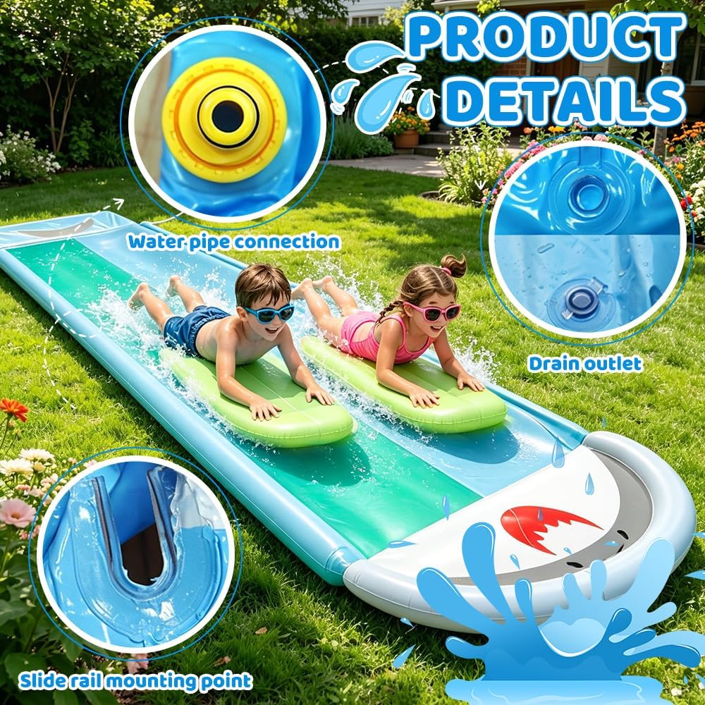 Wasserrutsche Garten Für Kinder, 6,1 * 1,4M Doppel Wasserrutschmatte | Wasserspielzeug Outdoor mit 2