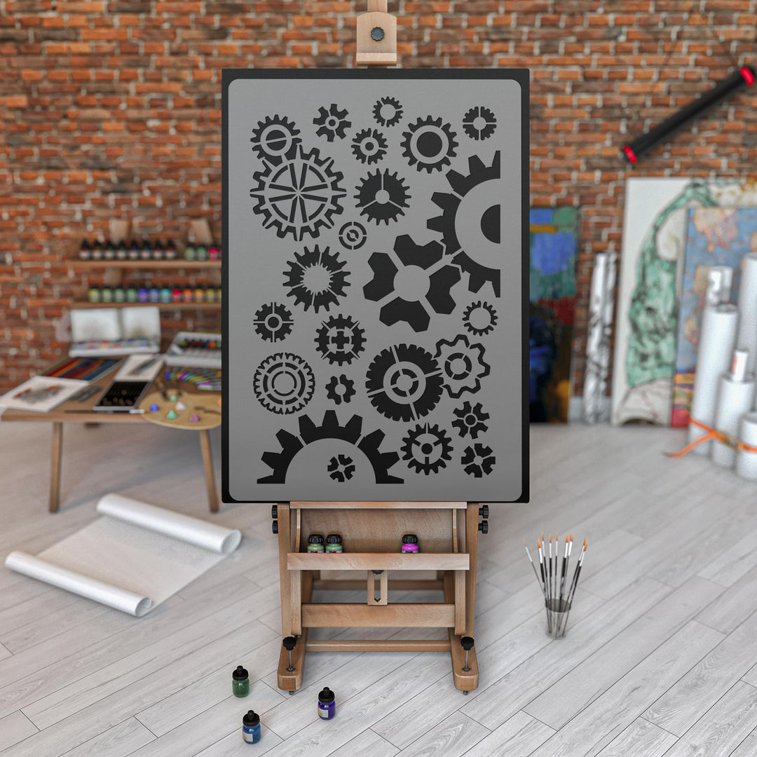 Wiederverwendbare Wandschablone aus Kunststoff // Fabrik Zahnräder # 2 // Muster Schablone Vorlage (