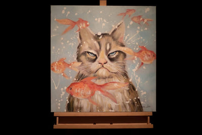 KunstLoft Leinwandbild | 100% HANDGEMALT | 60x60cm | Gemälde 'Very Crabby Cat' | Katze | Blau | Wand