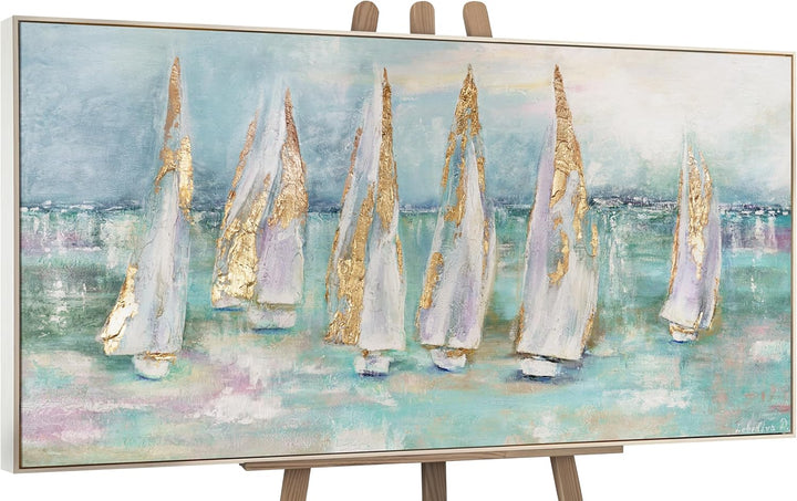 YS-Art Abstrakt Acryl Gemälde auf Leinwand handgemalt Segelboote Wandbilder Wohnzimmer moderne blaue