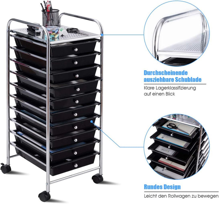 DREAMADE Rollwagen Schublade, Rollschrank Rollcontainer mit Schublade 10 Fächern, Haushaltswagen auf