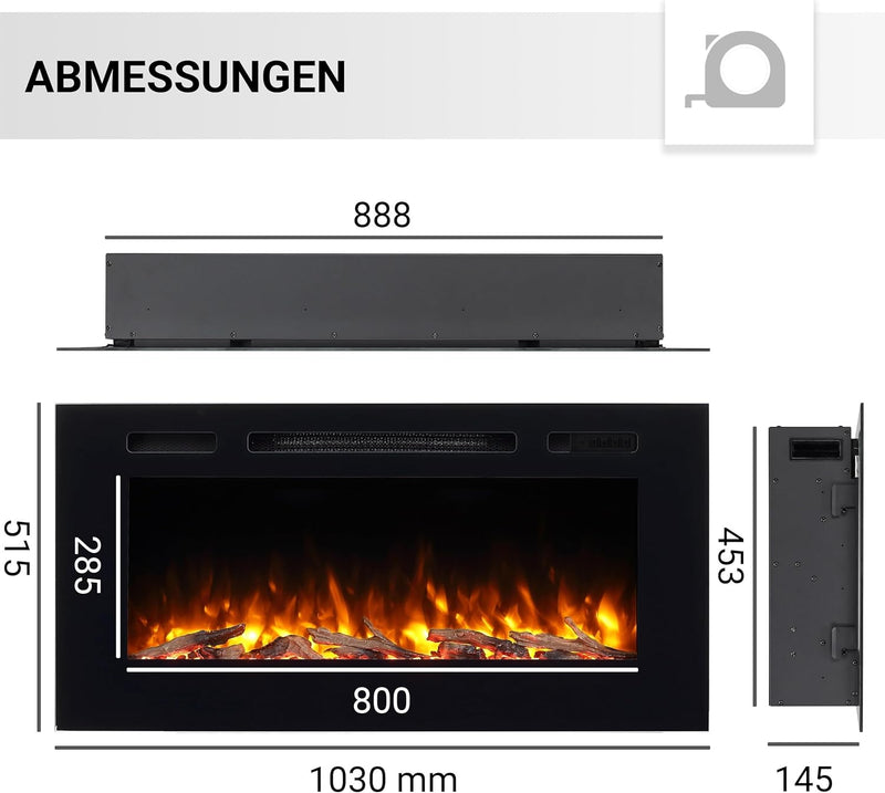 RICHEN Elektrokamin Fiamma 40" | Elektrischer Einbaukamin mit 3D-Flammeneffekt | Elektro Heizung 200