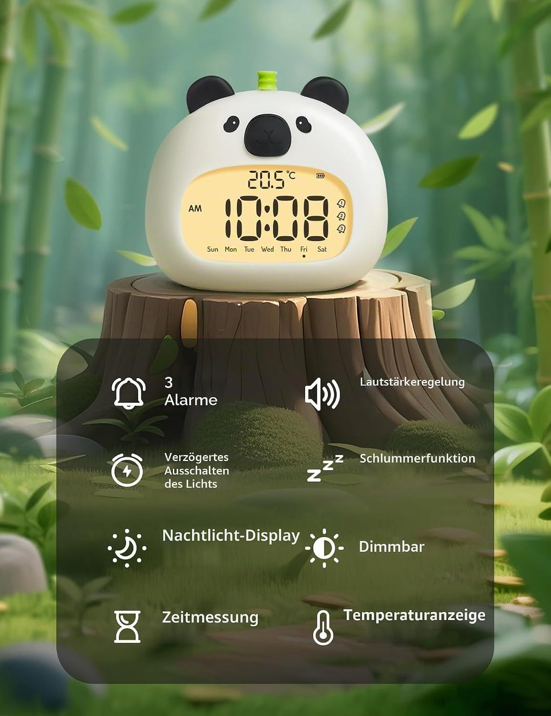 IHALO Cute Kinderwecker, Nachttischwecker mit Panda Nachtlicht, digitales LED-Display, 3,15 Zoll, DR