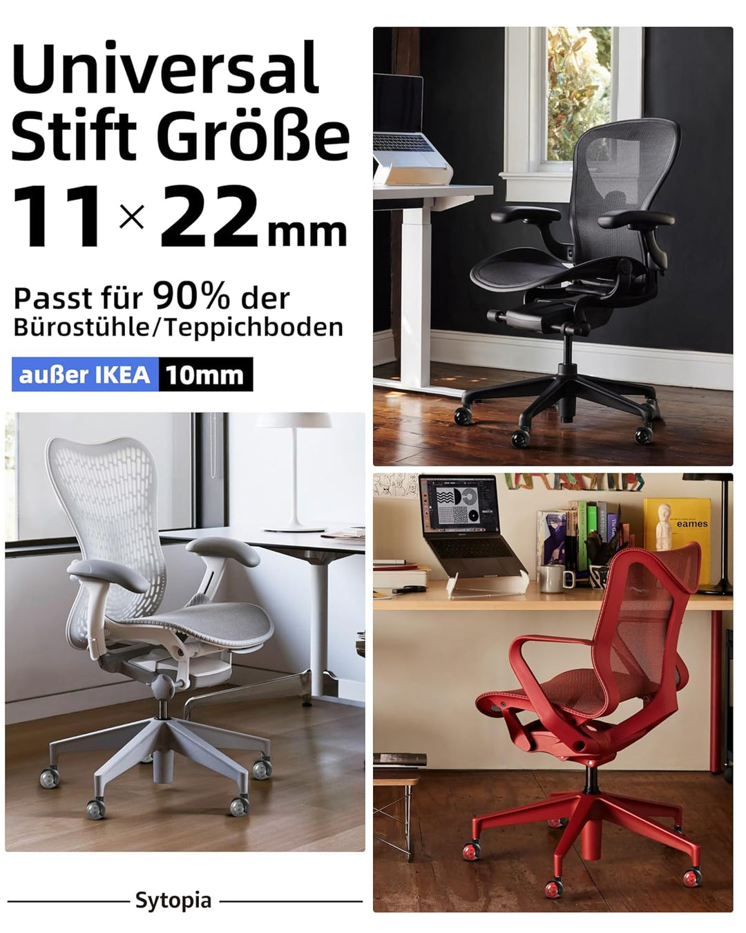 Sytopia Bürostuhl Rollen 5er Set in Rot, Rollen für Bürostühle 11 x 22 mm für Teppichböden, Hartbode