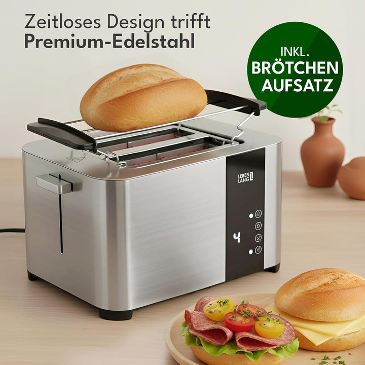 LEBENLANG Edelstahl Toaster mit Brötchenaufsatz 2 Scheiben - Touchscreen LED Display & 7 Stufen I 85