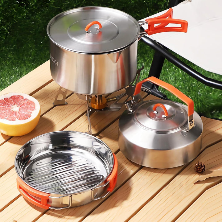 Camping Kochset, Camping Kochgeschirr Set, 304 Edelstahl Camping Töpfe und Pfannen Set, beinhaltet T