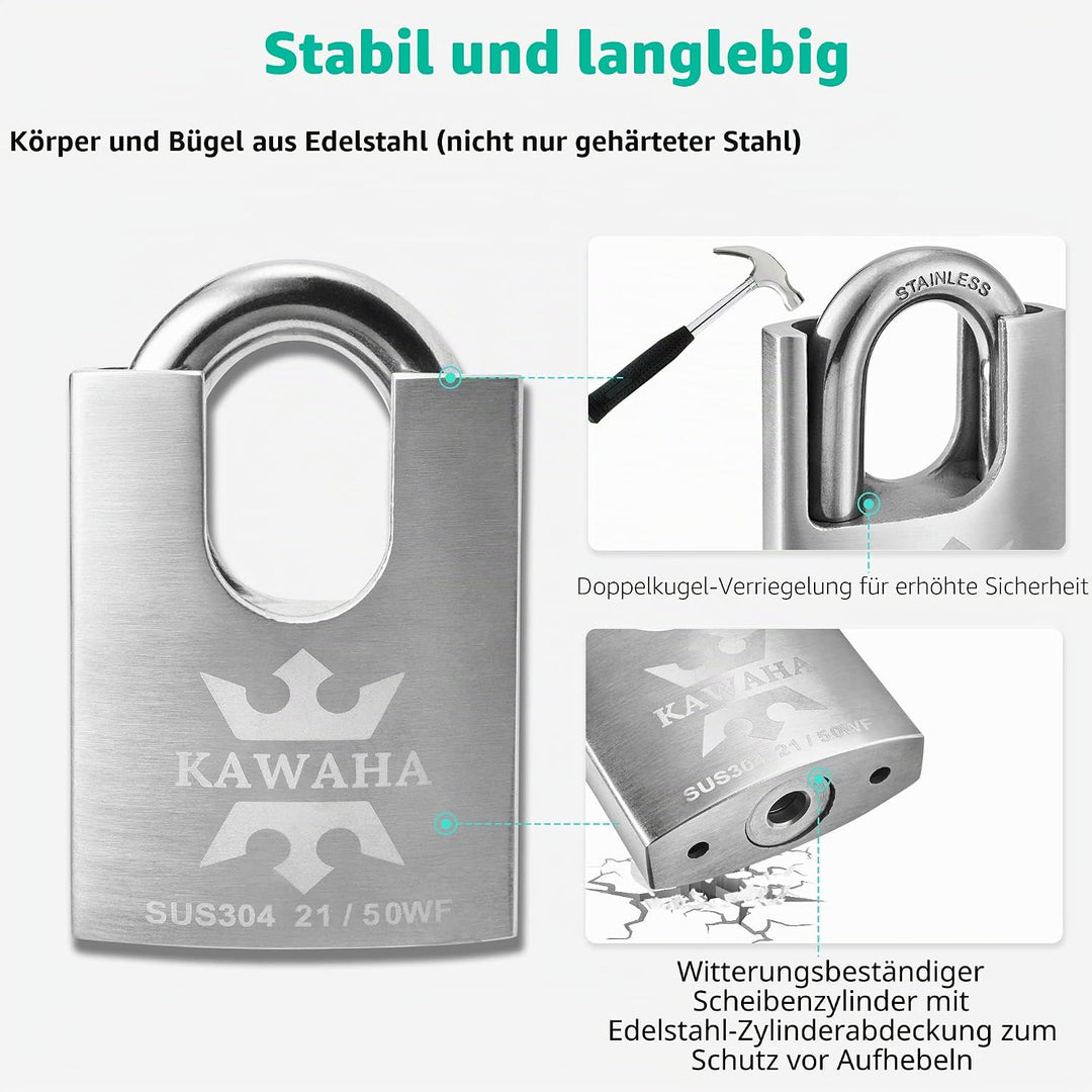 21/50-2PS Hochsicherheits-Vorhängeschloss aus Edelstahl mit Edelstahlschlüssel für den Innen- und Au