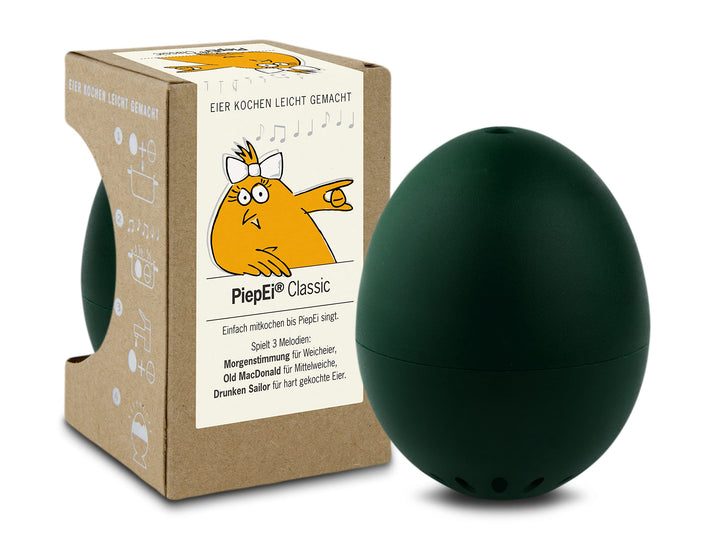PiepEi Classic Dunkelgrün - Singende Eieruhr zum Mitkochen - Eierkocher für 3 Härtegrade - Piep Ei m