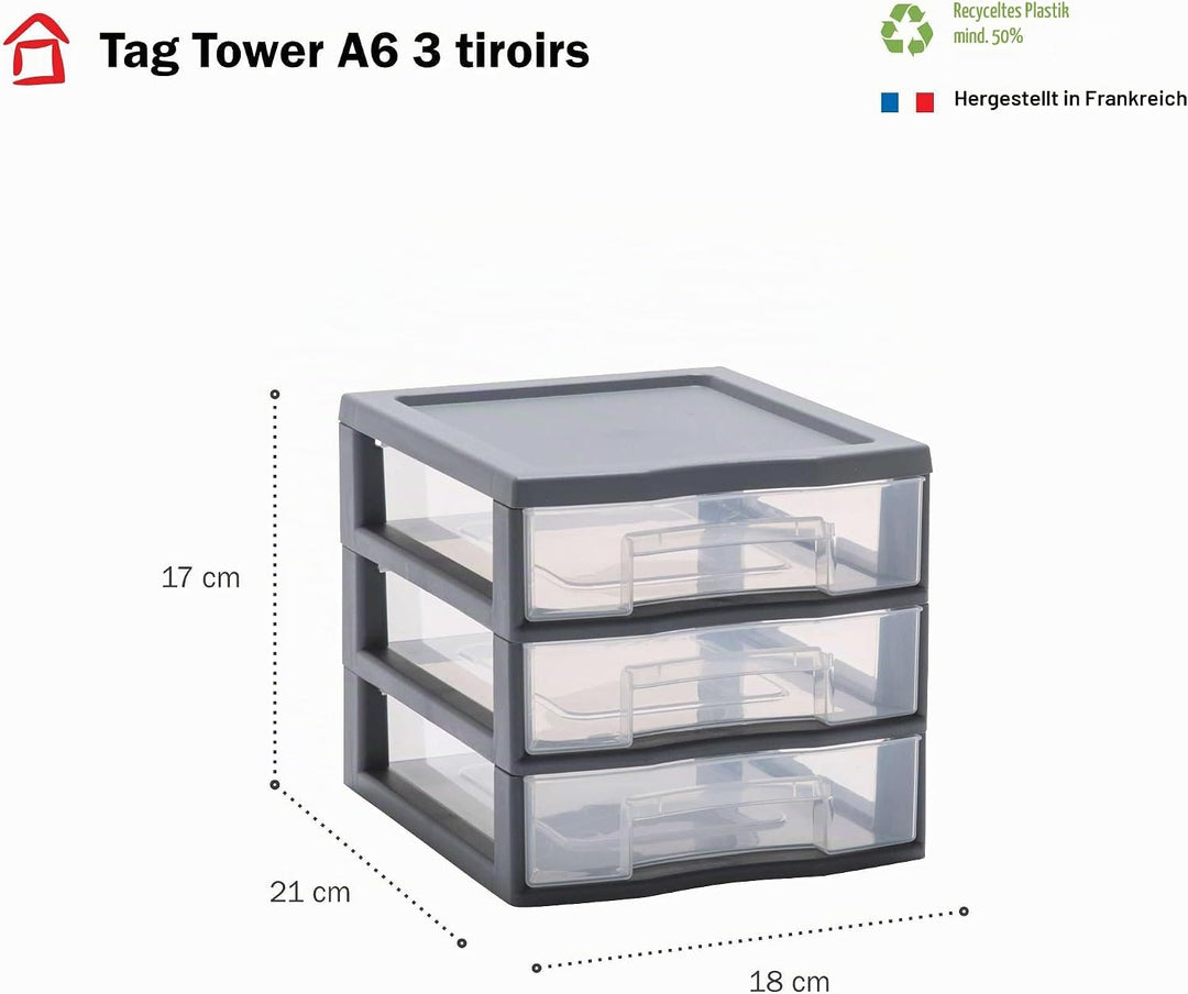 SUNDIS Tag Tower, schubladenbox aus Kunststoff, grau, 3 transparente Schubladen im Format A6, Höhe 1