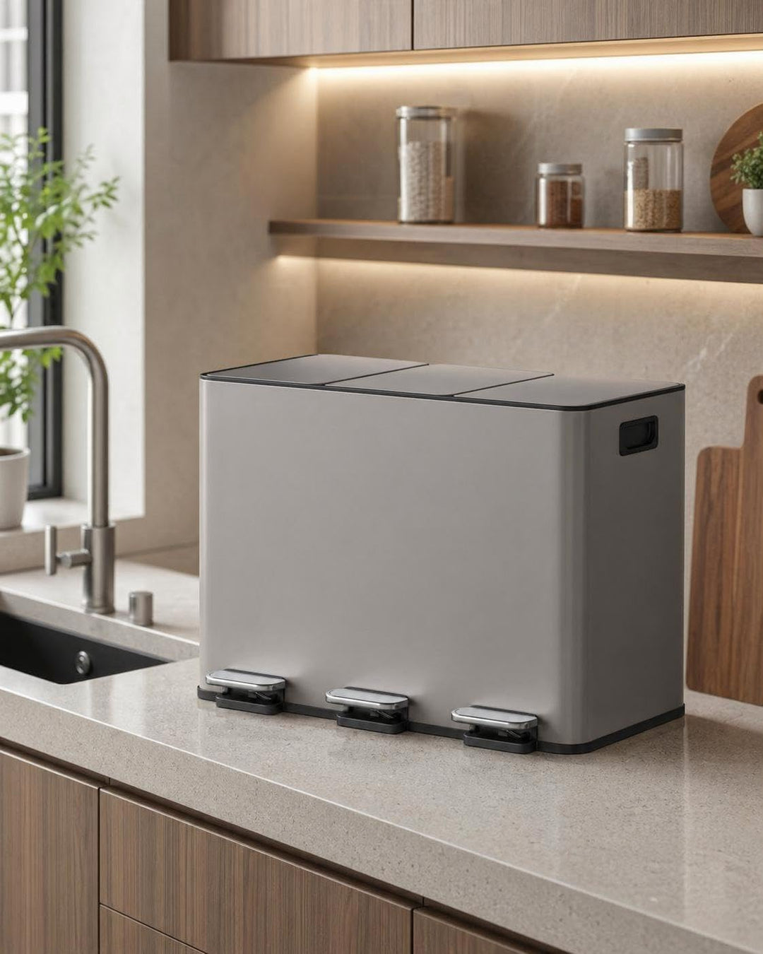 Garvee 45L Küchen-Mülleimer, 3 Fächer Edelstahl mit Soft-Close Deckel & Pedal, mülleimer 3 fächer fü