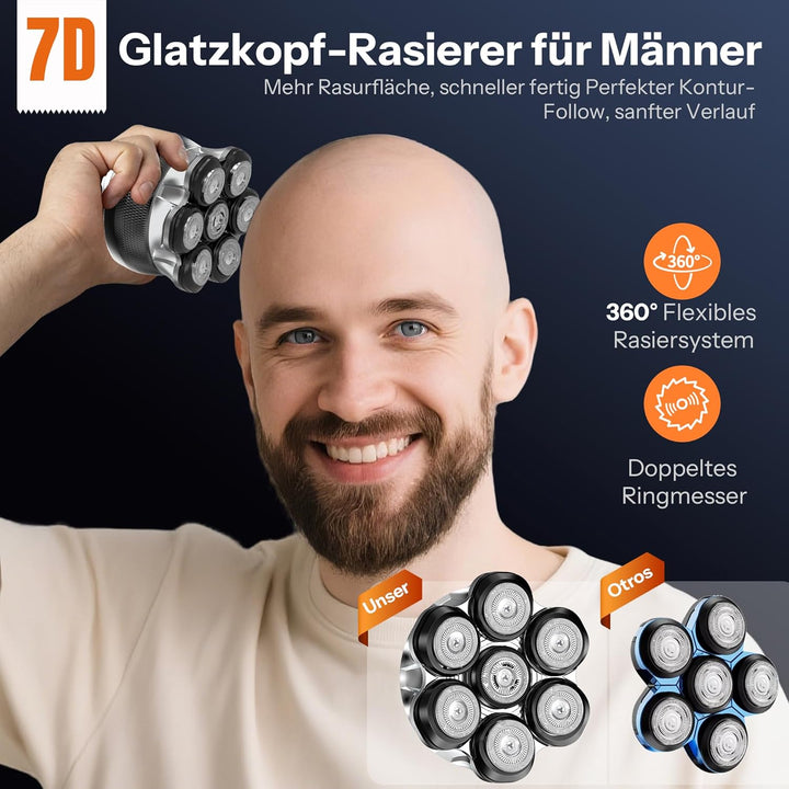 Glatzen Rasierer Herren, Yeerain 7D Flexibler Glatzenrasierer mit 2 einstellbaren Geschwindigkeitsst