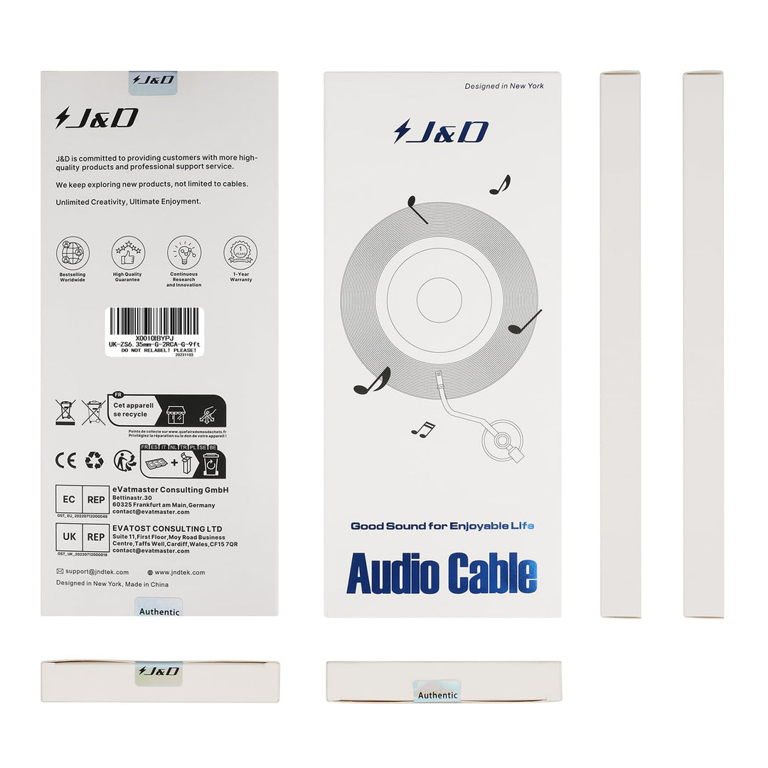 J&D 6,3mm Klinke auf Cinch Kabel, Gold-Plated [AudioWave-Serie] 6,3 mm Stereo Klinke auf 2 x RCA Män