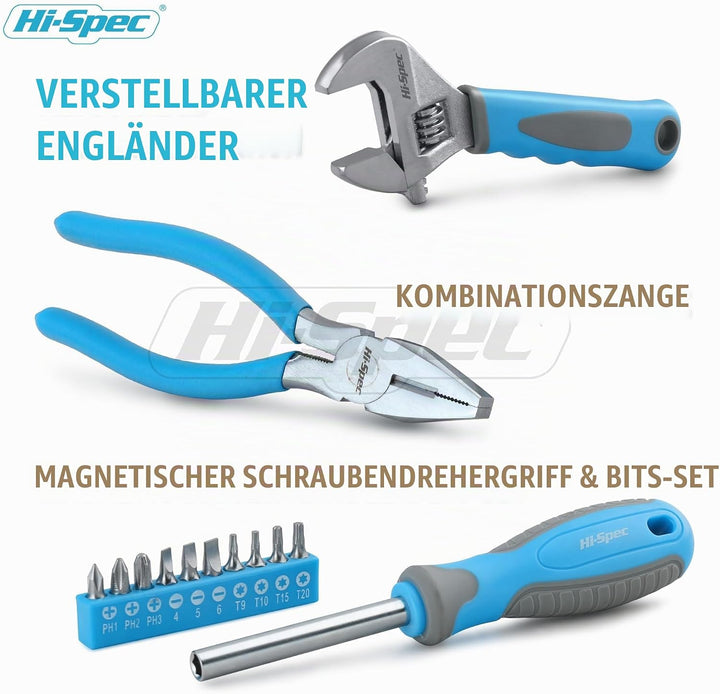 Hi-Spec Werkzeug-set für Anfänger in Blauer Metallbox. Komplettes echtes Handwerkzeug für Heimwerker