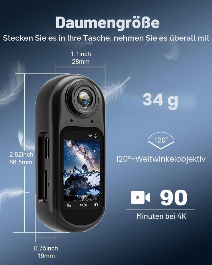 Mini Action Kamera 4K WiFi -128GB tragbare Körperkamera, magnetisches Umhängeband, Daumengrösse, fre