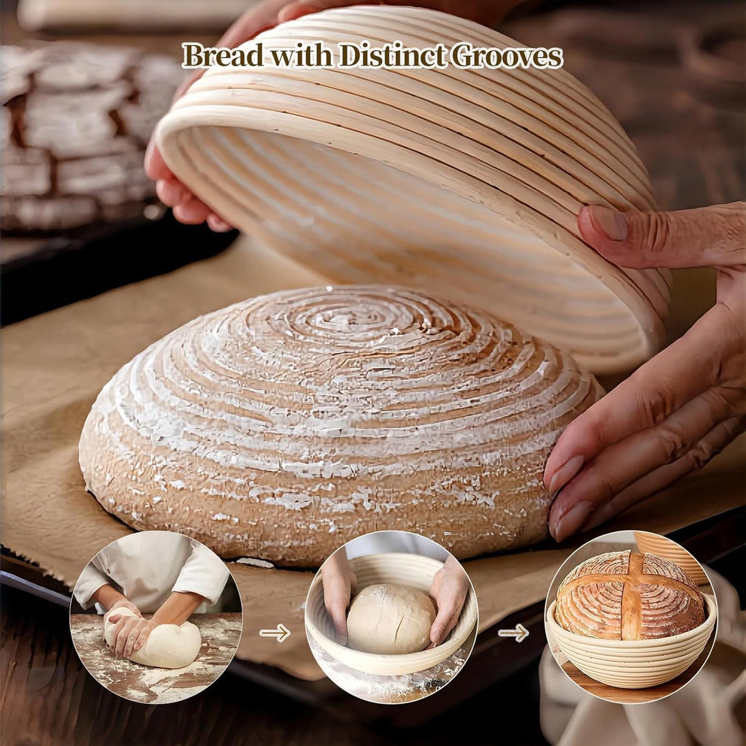 Gärkorb Brot Set,25cm Gärkörbchen zum Brotbacken, Sauerteig Starter Set, Einschliesslich Teigschaber