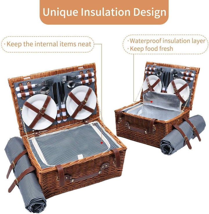 Picknickkorb-Set für 4 Personen, Weidenkorb Picknickkorb mit Isoliertem Kühlfach, Wasserdichter Deck