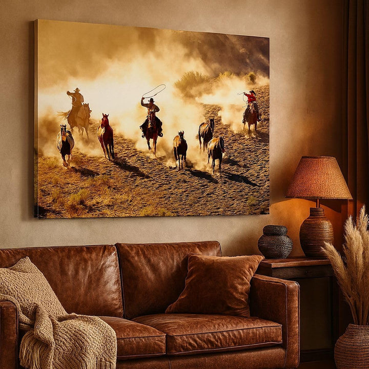 ARTTOR Bilder auf Leinwand 100x70cm Leinwandbild Cowboys Pferde Galopp Gross Wanddeko Bild Schlafzim