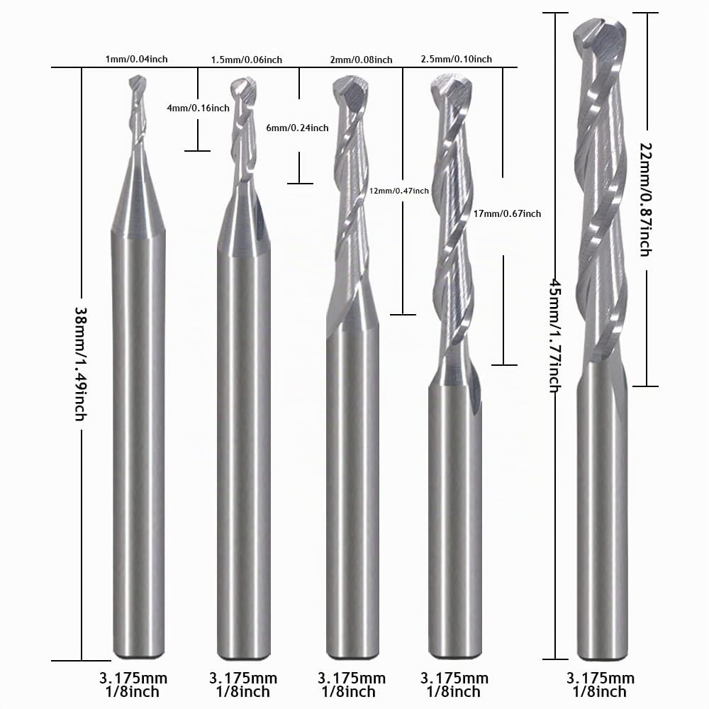 EU_HOZLY Fräser für Holzarbeiten, Durchmesser 1 mm, 1,5 mm, 2,0 mm, 2,5 mm, 3,175 mm, Hartmetall-Kug