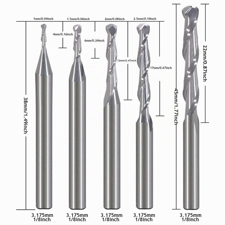 EU_HOZLY Fräser für Holzarbeiten, Durchmesser 1 mm, 1,5 mm, 2,0 mm, 2,5 mm, 3,175 mm, Hartmetall-Kug