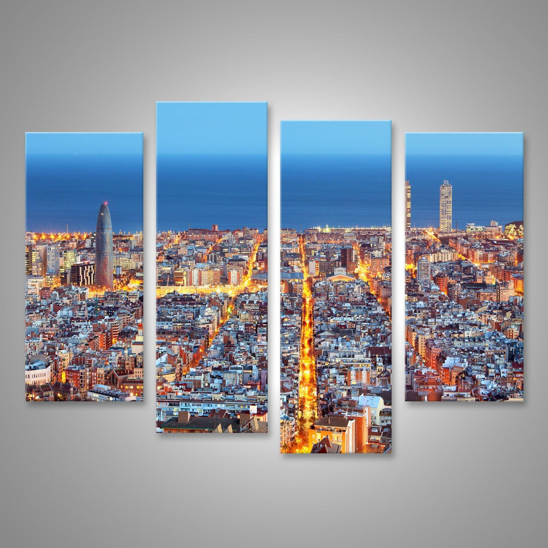 Bild auf Leinwand Barcelona Skyline Luftbild In Der Nacht Spanien Wandbild Poster Kunstdruck Bilder
