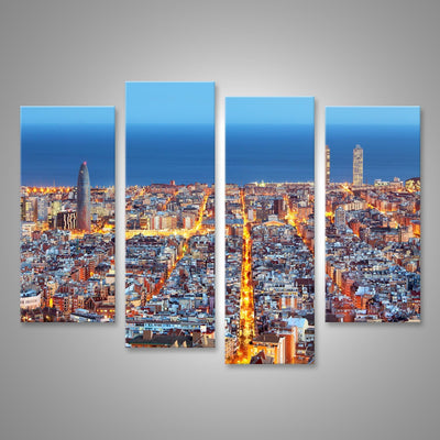 Bild auf Leinwand Barcelona Skyline Luftbild In Der Nacht Spanien Wandbild Poster Kunstdruck Bilder