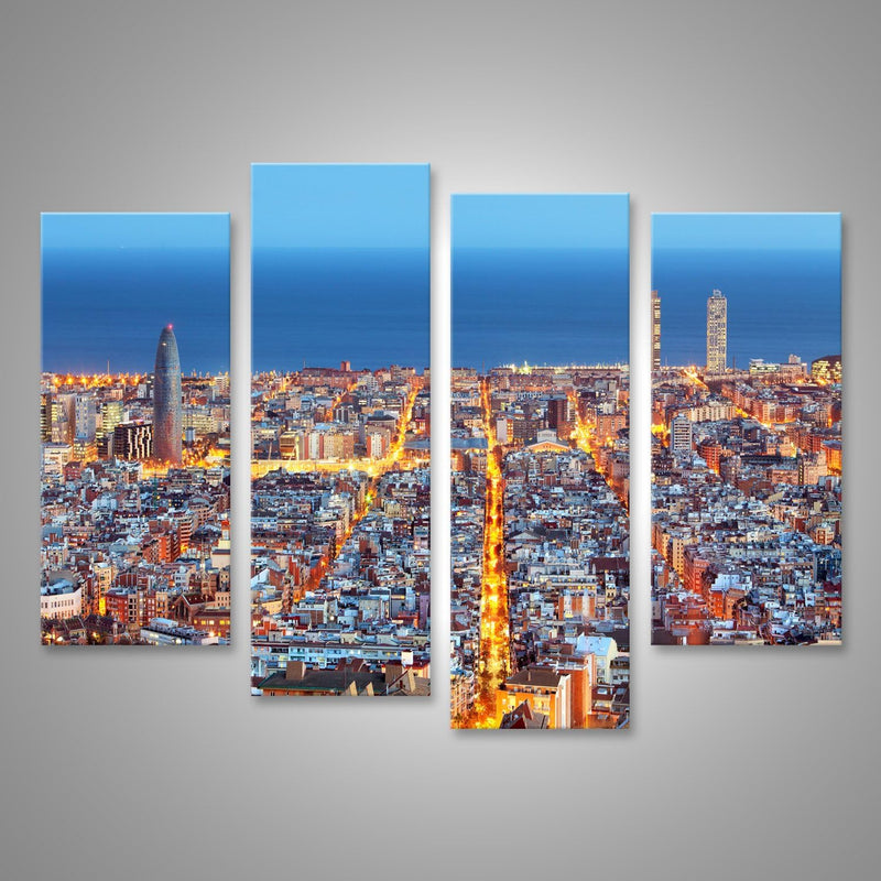 Bild auf Leinwand Barcelona Skyline Luftbild In Der Nacht Spanien Wandbild Poster Kunstdruck Bilder