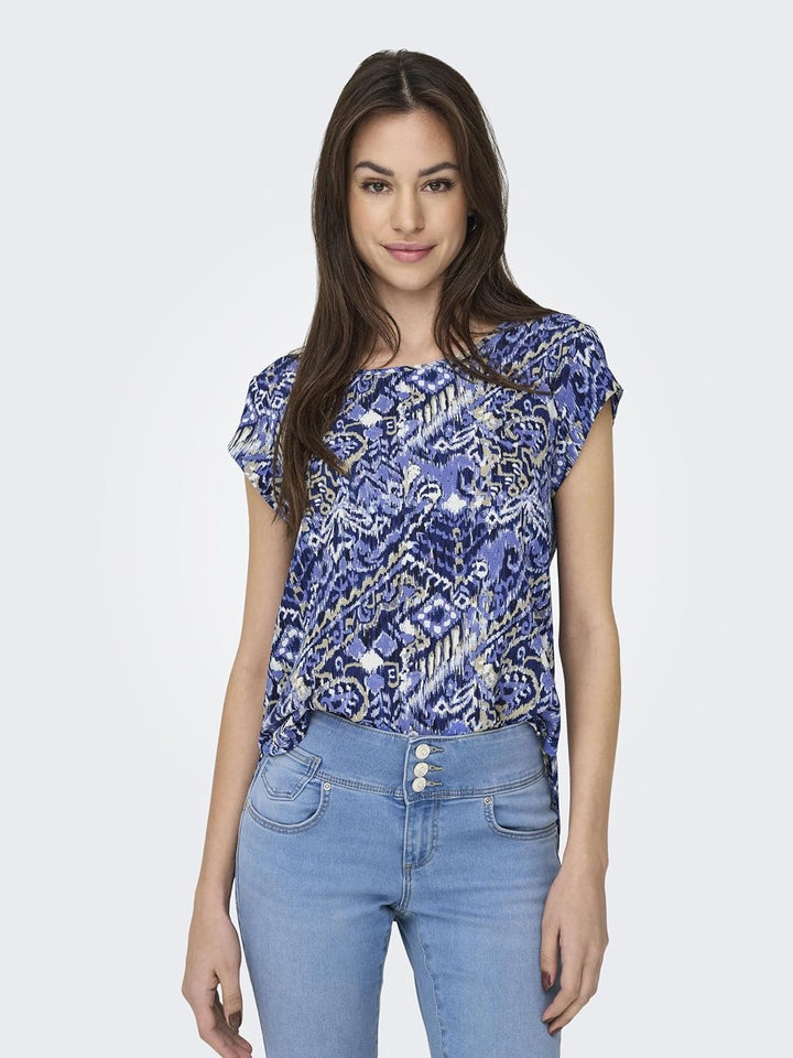ONLY Damen Onlvic S/S Solid AOP Top Ptm T-Shirt, Blusenshirt, Kurzarm 36 Amparo Blue, 36 Amparo Blue