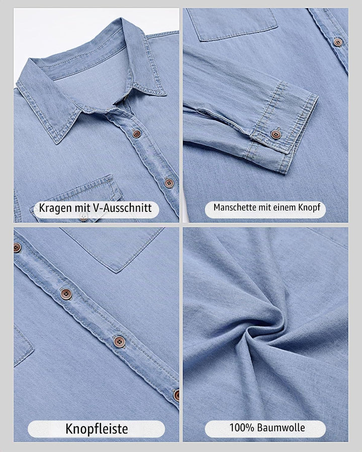 Damen Jeanshemd - Damen Western Hemden Tunika Langarm Button Down Oberteile L Acid Wash Lakeside Blu