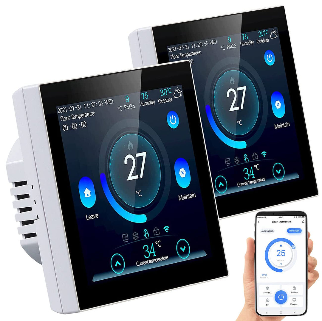revolt Wireless Thermostat: 2er-Set WLAN-Thermostate für Fussbodenheizungen, Touchdisplay (Wandtherm