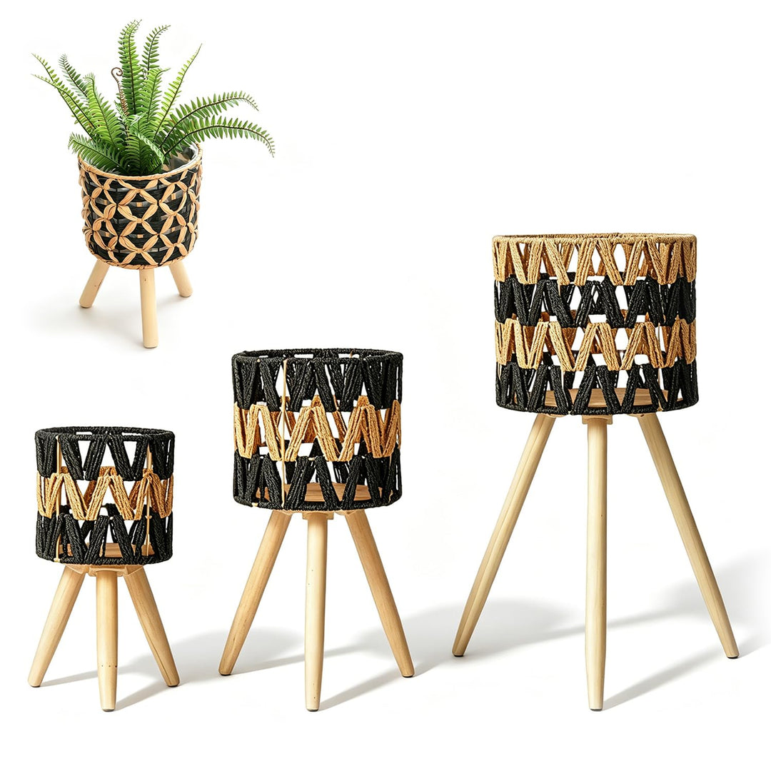 Tissting Pflanzenständer Imitation Rattan Blumenständer, 3er Set Holz Dreieck Blumenhocker Pflanzenh
