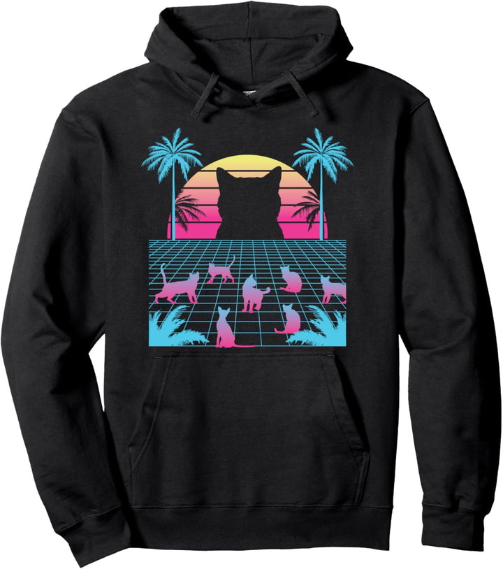 Katzen Sonnenuntergang Silhouetten Retro Japanisch Vaporwave Pullover Hoodie