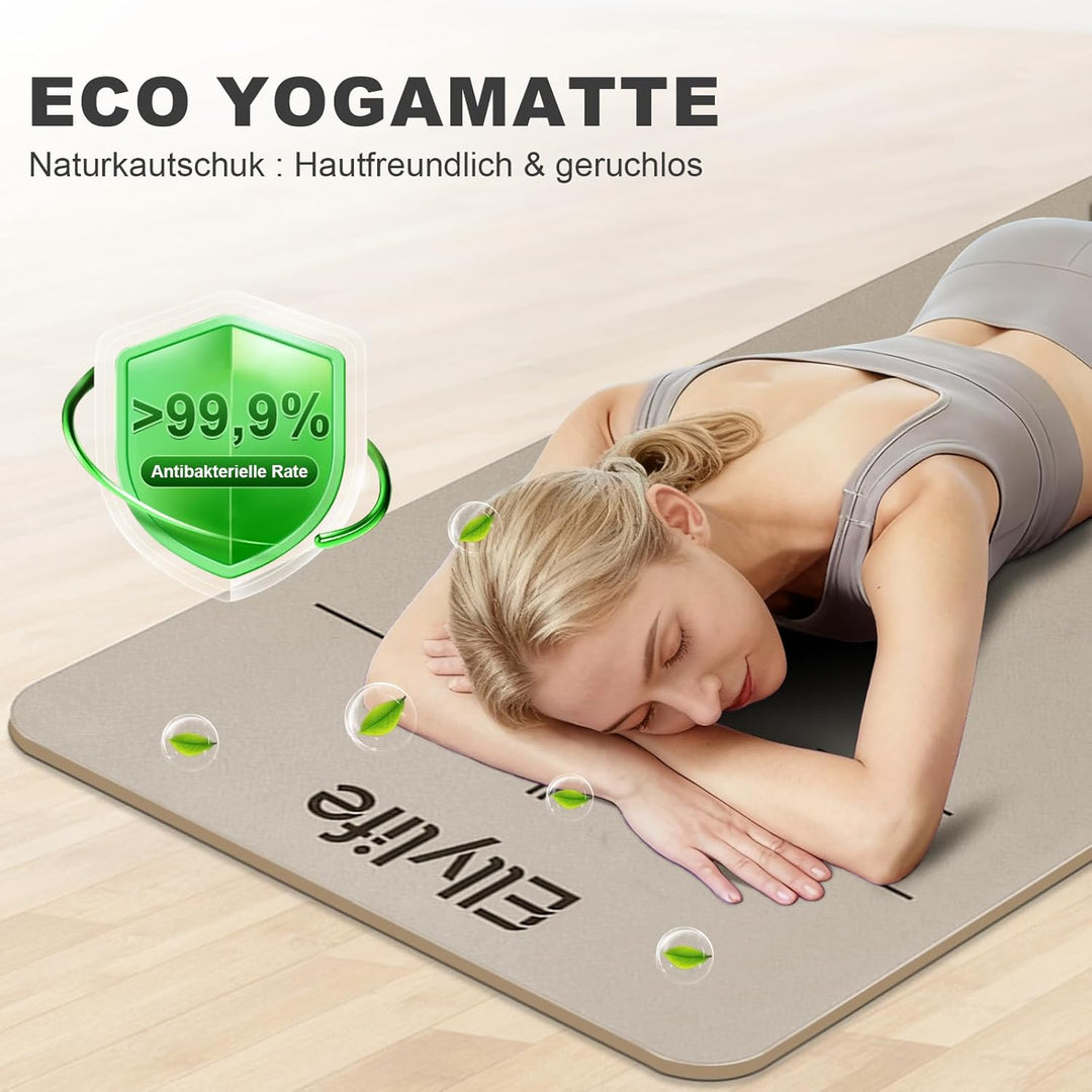 Yogamatte aus ECO Naturkautschuk & Hhautfreundlichem TPE, Extrem Rutschfest, Ausrichtungslinien, Ein