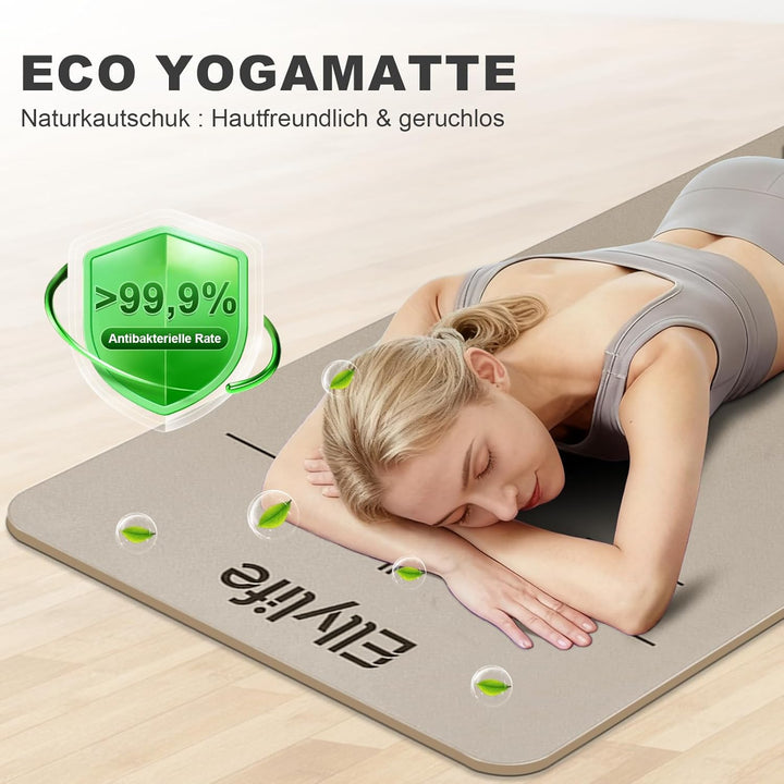 Yogamatte aus ECO Naturkautschuk & Hhautfreundlichem TPE, Extrem Rutschfest, Ausrichtungslinien, Ein