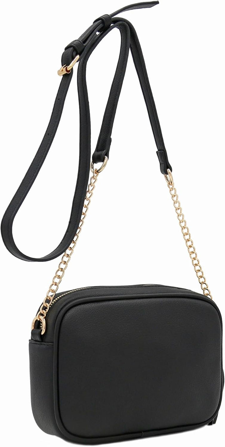 FashionPuzzle Chevron gesteppte Crossbody-Kameratasche mit Kettenriemen und Quaste Schwarz, Schwarz