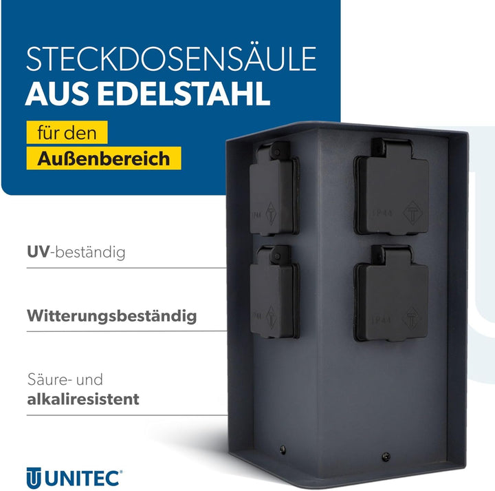 UNITEC Steckdosenverteiler für den Garten, Steckdosensäule, Aussensteckdose Edelstahl, IP 44, 4 Stec
