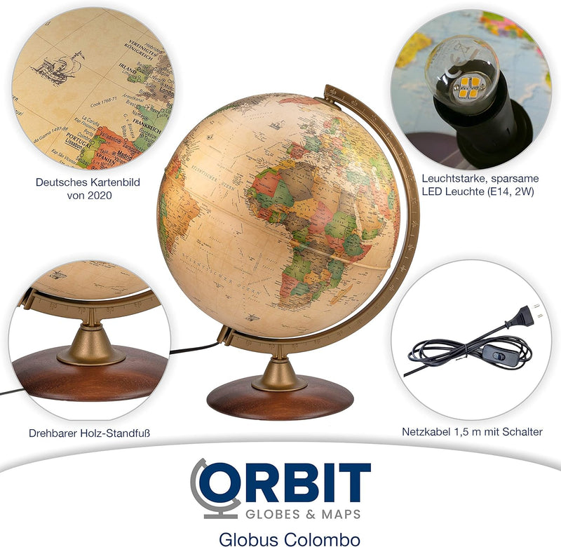 ORBIT Globes & Maps - Retro Leuchtglobus im antiken Stil - 30cm Vintage-Globus mit stabilem Standfus