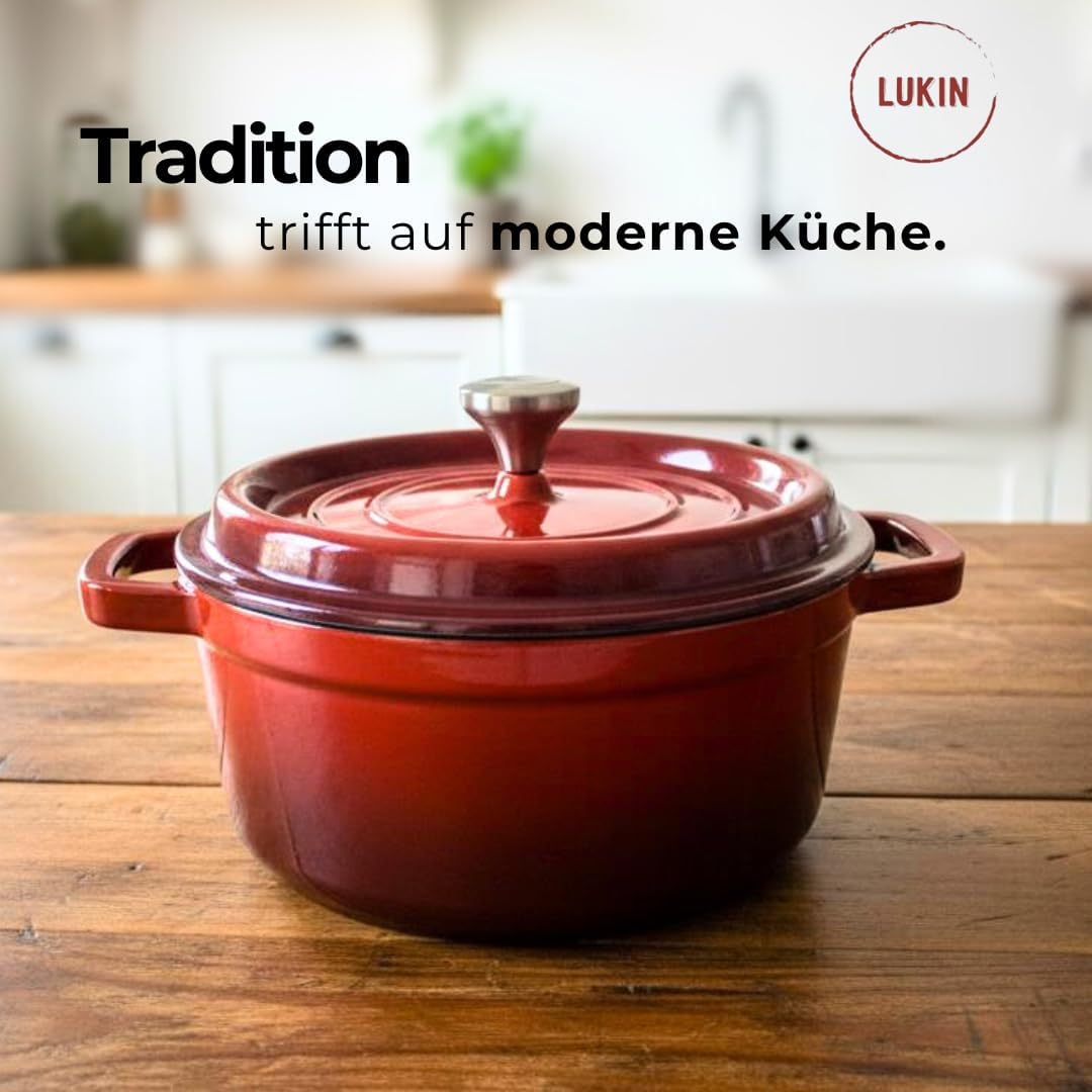 Lukin Schmortopf aus Gusseisen | Emailliert | Kirschrot | 24 cm - 3,5L | Bräter mit Deckel | für all