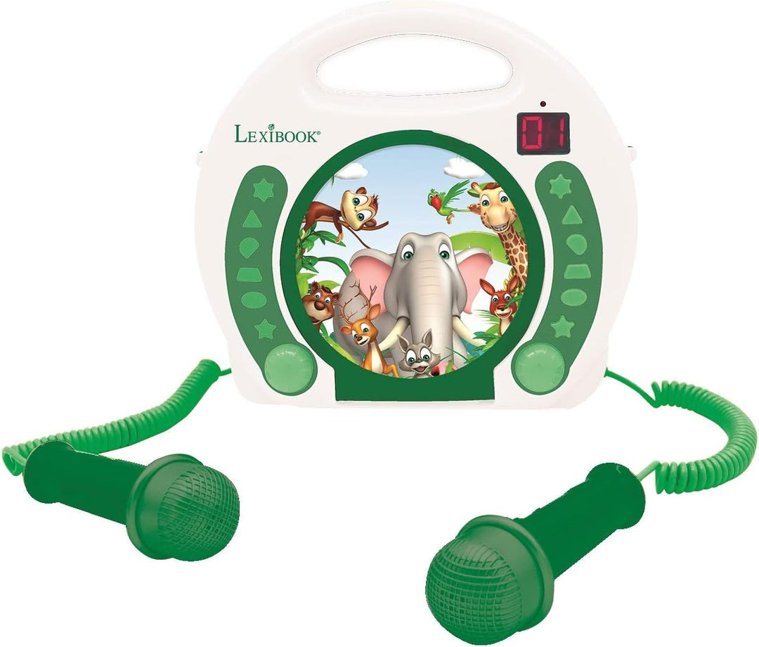 Lexibook - Tragbarer Tier-CD-Player mit Mikrofonen, Griff, Programmierung, Wiederholung, Karaoke, Ds