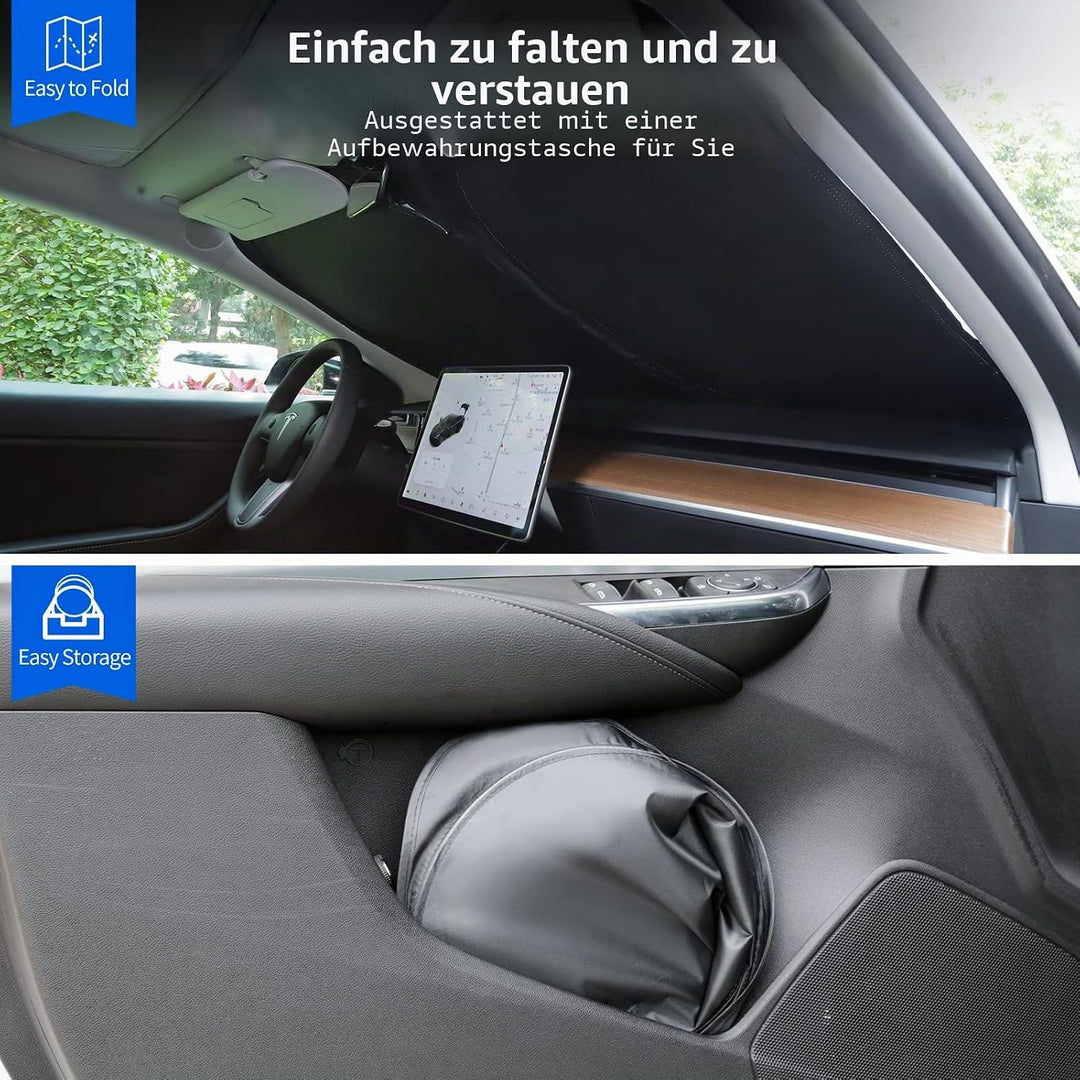 Sonnenschutz exklusiv für Tesla Model 3 / Y, Frontscheibe, Doppellagiges lichtundurchlässiges Gewebe