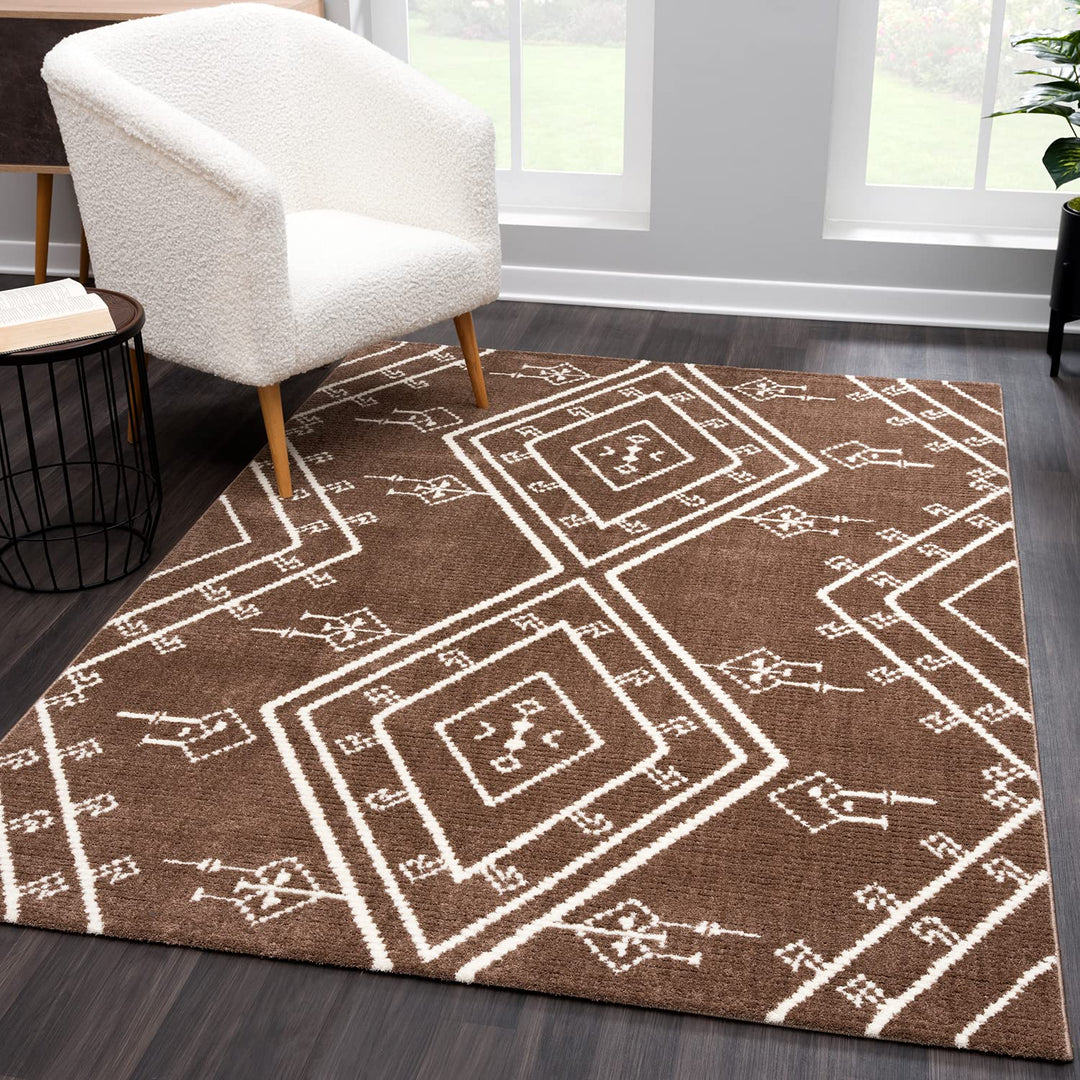 payé Teppich Läufer Ethno Berbermuster - Braun 80x300cm - Hochflor weich Boho Schlafzimmer Flur Deko