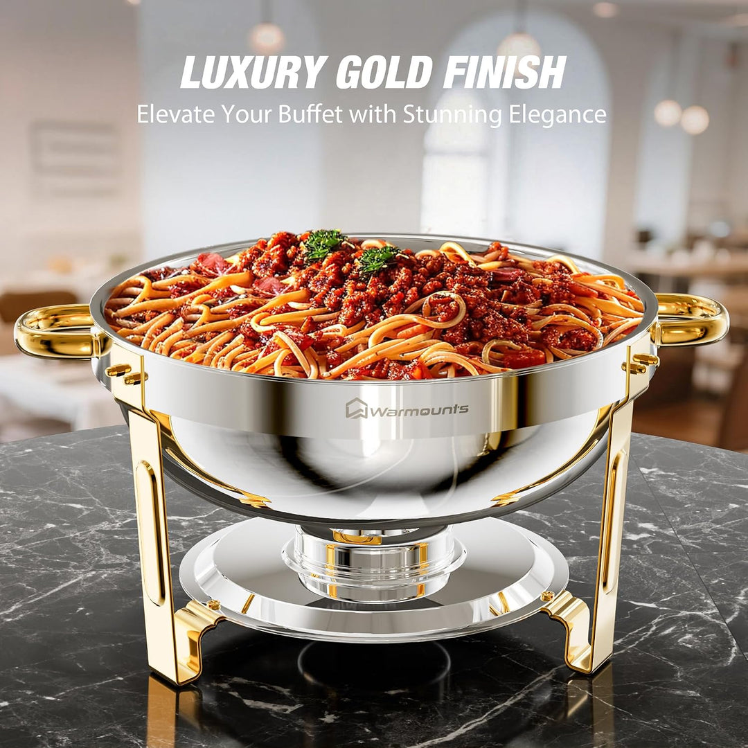 WARMOUNTS Chafing Dishes für Buffet 5L 2er Set Silber &amp; Gold, Lebensmittelqualität Edelstahl Chafers