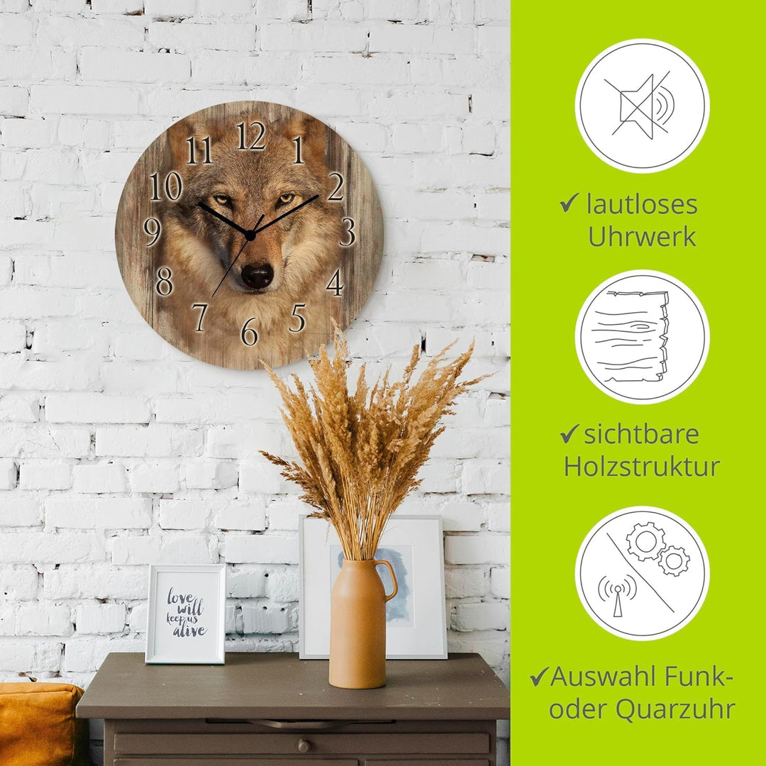 ARTLAND Wanddeko Wanduhr ohne Tickgeräusche aus Holz Quarzuhr lautlos rund Ø 30 cm Wolf T1DQ Tiere W