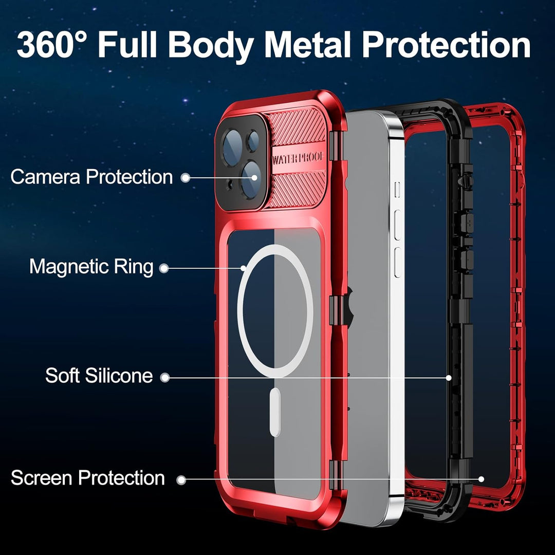 WIFORT für iPhone 14 Plus Hülle Wasserdicht mit MagSafe, 360 Outdoor Metall Schutzhülle mit Displays