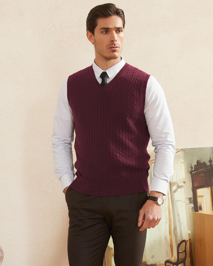 Kallspin Herren Strickweste Pulunder Ärmellos Zopfstrick V-Ausschnitt aus Wollmischung M Burgund, M