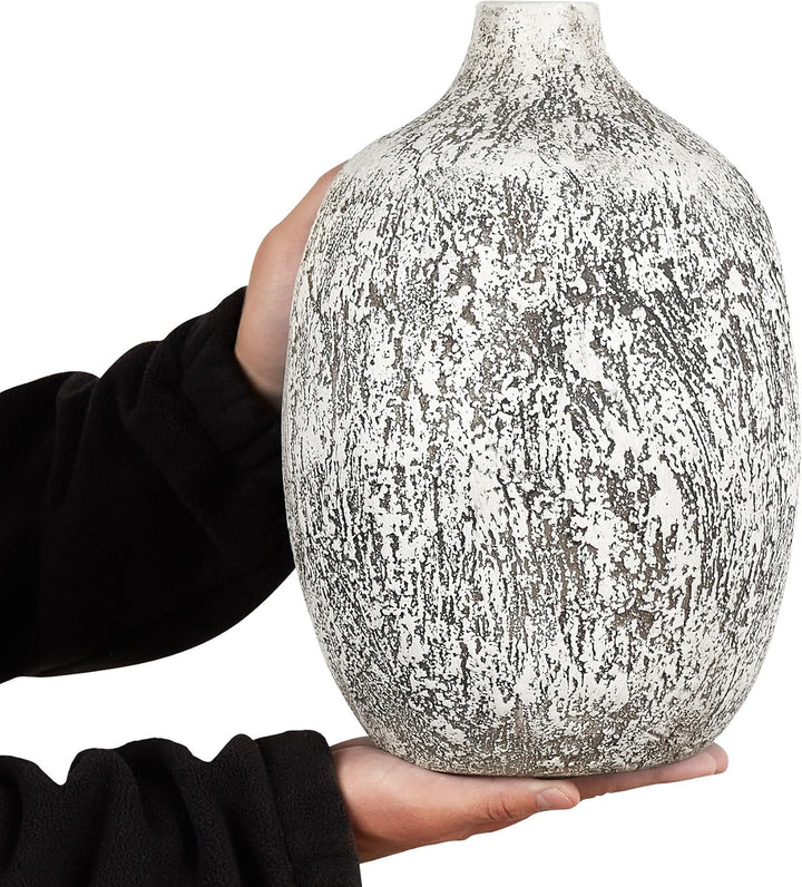 Ovale Blumenvase Terrakotta handgefertigt grau-weiss 36 cm bauchig Modern Vigo